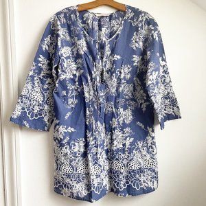 Soft Surroundings Blue Floral Tunic Pleated Front Bead Button Detail Size Small